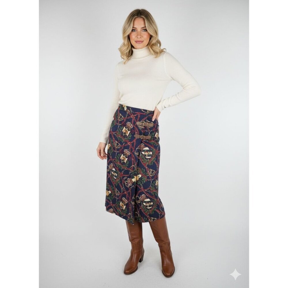 Vintage David Brooks Equestrian Wrap Look Skirt Size 10 Preppy Navy